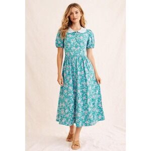 Laura Ashley Womens Prairie Puff Sleeve Midi Dress Size 10 Teal Blue Cottagecore